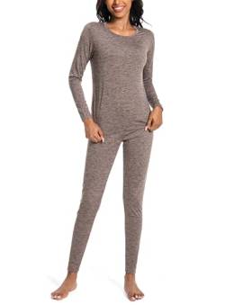 Nutria Thermounterwäsche Damen Set Unterwäsche Innenfleece Thermo Unterwäsche Leichtgewicht Thermooberteil Thermohose Base Layer für Frauen Rundhalsausschnitt Shirt und Hose D03 Braun (1 Set) M von Nutria