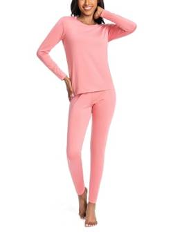 Nutria Thermounterwäsche Damen Set Unterwäsche Innenfleece Thermo Unterwäsche Leichtgewicht Thermooberteil Thermohose Base Layer für Frauen Rundhalsausschnitt Shirt und Hose D03 Rosa (1 Set) M von Nutria