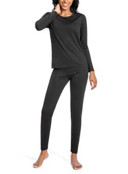 Nutria Thermounterwäsche Damen Set Unterwäsche Innenfleece Thermo Unterwäsche Leichtgewicht Thermooberteil Thermohose Base Layer für Frauen Rundhalsausschnitt Shirt und Hose D03 Schwarz (1 Set) S von Nutria