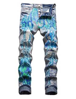 Nutriangee Herren Graffiti Hip Hop Jeans Ripped Skinny Distressed Destroyed Slim Fit Stretch Casual Printed Pants, 3292, 50 von Nutriangee