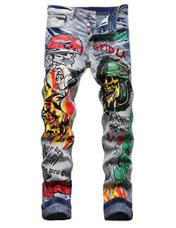 Nutriangee Herren Graffiti Hip Hop Jeans Ripped Skinny Distressed Destroyed Slim Fit Stretch Casual Printed Pants, 3294, 50 von Nutriangee