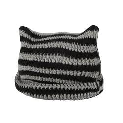 Crochet Hats for Women Cute Cat Ears Beanie Vintage Beanies Women Fox Hat Grunge Accessories Slouchy Knitted Beanies (Black+Gray) von Nutrigrub