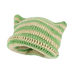 Crochet Hats for Women Cute Cat Ears Beanie Vintage Beanies Women Fox Hat Grunge Accessories Slouchy Knitted Beanies (Green+Beige) von Nutrigrub