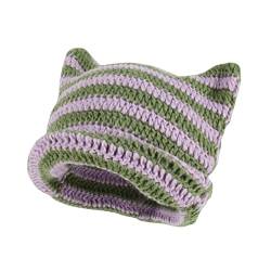 Crochet Hats for Women Cute Cat Ears Beanie Vintage Beanies Women Fox Hat Grunge Accessories Slouchy Knitted Beanies (Green+Purple) von Nutrigrub