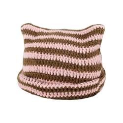 Crochet Hats for Women Cute Cat Ears Beanie Vintage Beanies Women Fox Hat Grunge Accessories Slouchy Knitted Beanies (Pink+Brown) von Nutrigrub