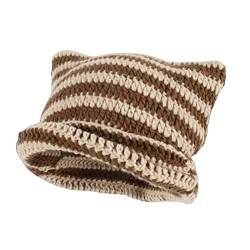 Nutrigrub Häkelmützen für Frauen Süße Katzenohren Mütze Vintage Mützen Damen Fuchsmütze Grunge Accessoires Slouchy Strickmützen (Braun+Beige) von Nutrigrub