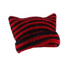 Nutrigrub Häkelmützen für Frauen Süße Katzenohren Mütze Vintage Mützen Damen Fuchsmütze Grunge Accessoires Slouchy Strickmützen (Schwarz+Rot) von Nutrigrub