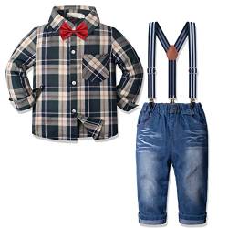 Nwada Jungen Hosenträger Outfits Fliege Karierte Hemden + Hosenträger Jeans Hosen Sets Kleinkind Weihnachtsoutfits 4 Jahre von Nwada