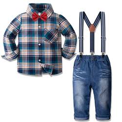 Nwada Kleinkind Jungen Kariertes Outfit Fliege Shirts + Hosenträger Denim Jeans Baby Boy Weihnachtsoutfit 5 Jahre von Nwada