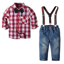 Nwada Kleinkind Jungen Langarm Hemd+ HosenträGer Jeans Hose + Fliege 4pcs Kinder Gentleman Outfits Rot 3 Jahre von Nwada