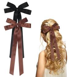 2 Stück Satin Haarschleife 15,5× 34cm Schleifen Haarspange Schleifenband Haarklammer für Damen Mädchen(Schwarz, Braun) von Nwvuop