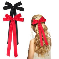 2 Stück Satin Haarschleife 15,5× 34cm Schleifen Haarspange Schleifenband Haarklammer für Damen Mädchen(Schwarz, Rot) von Nwvuop