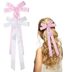 2 Stück Satin Haarschleife 15,5× 34cm Schleifen Haarspange Schleifenband Haarklammer für Damen Mädchen(Weiß, Rosa) von Nwvuop