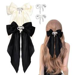 2 Stück große Haarschleifen Haarspangen mit 2 Fliegen, schwarze Haarbänder, große Haarschleifen mit langem seidigem Satin für Frauen von Nwvuop