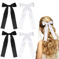 4 Stück Schleife Haarspangen Satin Haarschleifen für Damen Mädchen Haarklammer mit langen Schwanz Haarschmuck für Mädchen Frauen(Schwarz, Weiß) von Nwvuop