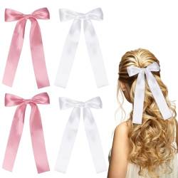 4 Stück Schleife Haarspangen Satin Haarschleifen für Damen Mädchen Haarklammer mit langen Schwanz Haarschmuck für Mädchen Frauen(Weiß, Rosa) von Nwvuop