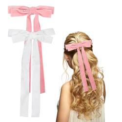 Samt-Haarschleifen, Haarclip mit langem Schwanz, Haarclips für Damen, Haarschmuck für Damen und Mädchen (weiß, rosa), 2 Stück von Nwvuop