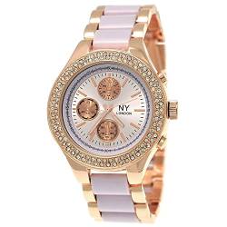 NY Designer Damenuhr Exclusive Damen Strass Uhr in Chronograph Optik Armbanduhr Flieder Rose Gold inkl.Uhrenbox von Ny Damenuhren