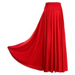 Nyeemya Damen Flamenco Rock Maxi Lang Tanzrock Elastische Taille Tellerrock Basic Einfarbig Unterrock mit Falten Rot 6XL von Nyeemya