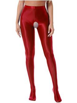 Nyeemya Damen Glanz Strumpfhosen Im Schritt Offen Stretch Bodystockings High Waist Ouvert Jeggings Comfort Erotische Strümpfe Leggings Reizwäsche Party Clubwear Burgundy XXL von Nyeemya