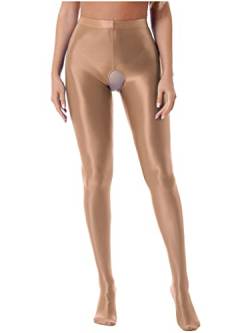 Nyeemya Damen Glanz Strumpfhosen Im Schritt Offen Stretch Bodystockings High Waist Ouvert Jeggings Comfort Erotische Strümpfe Leggings Reizwäsche Party Clubwear Coffee M von Nyeemya