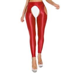 Nyeemya Damen Strumpfhosen Glänzend Ouvert Leggings Strümpfe Glanz Tights Stretch Fitness Yoga Pants Clubwear Rot XXL von Nyeemya