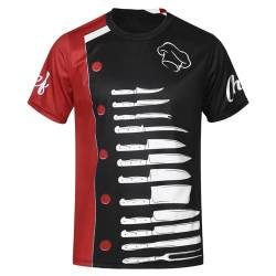 Nyeemya Herren Koch T-Shirt Chef Kurzarmshirt mit 3 D Druck Kochjacke Uniform Gedruckt Tee Oberteile Lustige Unterhemd Rot&Schwarz 3XL von Nyeemya