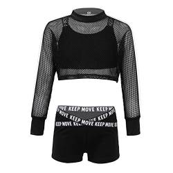 Nyeemya Kinder Mädchen Cool Hip Hop Tanz Outfits 3pcs Netzshirt Kurz Bauchfrei Netzhemd und Bustier BH mit Boyshorts Schwarz 134-140/9-10 Jahre von Nyeemya