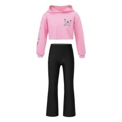 Nyeemya Kinder Mädchen Kleidung Set Schmetterling Sweatshirt Kapuzenpullover Hoodie High Waist Schlaghose Ausgestellten Hosen Frühling Herbst Outfit Rosa 158-164 von Nyeemya