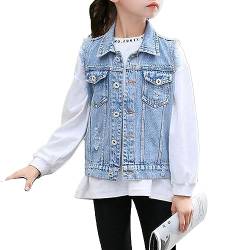 Nyeemya Mädchen Ärmellose Jeansjacke Denim Outfit Jacke Zerrissene Jeansweste Frühling Herbst Weste Mantel mit Knopf für Kinder Hellblau 158-164 von Nyeemya