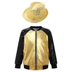 Nyeemya Mädchen Jungen Pailletten Sport Baseball Bomber Jacke Zipper Mantel mit Glitzer Hut Mütze Festlich Jacket Party Disco Tanz Outfits Gold 122-128 von Nyeemya