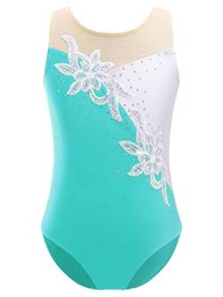 Nyeemya Mädchen Kinder Gymnastikanzug Turnanzug Ärmellos Ballett Trikot mit Blumen Strasssteine Tanzbody Einteiler Dancewear Blau Grün 134-140 von Nyeemya