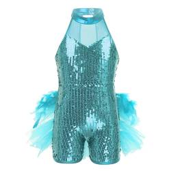 Nyeemya Mädchen Pailletten Tanz Kostüm Hip Hop Latein Salsa Kleid Stehkragen Tanzanzug Jumpsuit mit Shorts Giltzernde Gymnastikanzug Hellblau 146-152 von Nyeemya