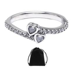 NyxSeat 1 Herz-zu-Herz-Verlobungsring aus 925er-Sterlingsilber mit 1 schwarzen Samt-Aufbewahrungsbeutel, mit Diamanten verzierter Damen-Silberring, Damen-Versprechensring von NyxSeat