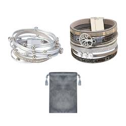 NyxSeat 2 Damen-Silberarmbänder, 1 dunkelgraue Aufbewahrungstasche, Perlenarmband, Stapelarmband, Schichtarmband, Boho-Armband, Magnetarmband, modischer Schmuck, Lederarmband. von NyxSeat