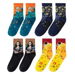 NyxSeat 4 Paar Malsocken, Ölgemäldesocken, Retro-Damensocken, Kunstsocken in der Mitte der Wade, Mona Lisa-Socken, Geschenke für Frauen von NyxSeat