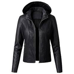 O-neMakpa 2021 Damen-Fleece-Jacke aus PU-Leder mit Kapuze, Windjacke, hält warm, Kunstledermantel, schwarz, Large von O-neMakpa