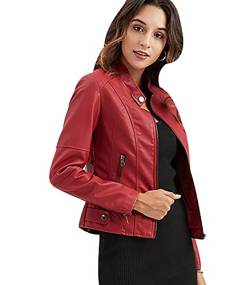 OADOBKICE Damen Jacke Leder Jacke Damen Billige Jacke Frauen Jacke Damen Schwarz Jacke Damen Leder Dünne Jacke Damen Female Kunstlederjacke Biker Damen Lederjacken Slim Fit Jacke Damen Rot XXL von OADOBKICE