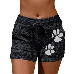 OADOBKICE Damen Laufshorts Baggy Shorts Damen Gedruckte Leggings Yoga Hose Sport Taille Hose Schnürung Elastische Shorts Tasche Strand Shorts Katze Pfote Bedruckte Shorts Hose Schwarz M von OADOBKICE