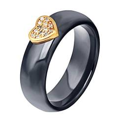 OAKKY 6MM Einfach Verlobungs-Eheringe Ring Keramik Gold Herzform Zirkonia Ring Keramiks zum Damen Schwarz Größe 60 (19.1) von OAKKY