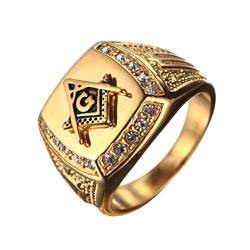 OAKKY Herren Edelstahl Masonic Freimaurer Ring mit Diamanten Biker Symbol Mitglied Band, Gold Größe 60 (19.1) von OAKKY