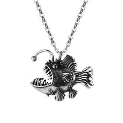 OAKKY Herren Edelstahl Vintage Fisch Anhänger Fashion Street Hip Hop Halskette mit 24 Zoll Kette Silber Schwarz von OAKKY