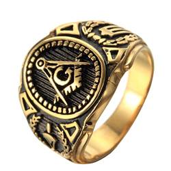 OAKKY Herren Edelstahl Weinlese Freimaurerischen Freimaurer Ring Symbol Mitglied Gold Band Größe 54 (17.2) von OAKKY