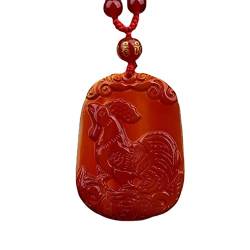 OAKKY Herren Retro Rot Achat 12 Chinesisches Tierkreiszeichen Anhänger Horoskop Tierzeichen Amulett Halskette mit 6 Wörter Mantra Perlenkette Hahn von OAKKY