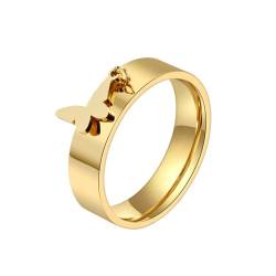 OAKKY Unisex 6mm Kreativ Mode Schlicht Ring Edelstahl mit Runder Leckerei SchmetterlingMuster Anhänger Verlobung Ehering Gold Größe 60 (19.1) von OAKKY