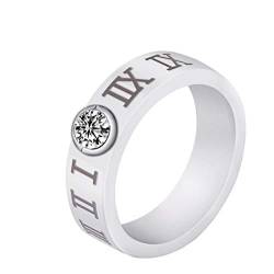 OAKKY Unisex Einzelner Diamant Zirkonia Römisch Ziffern Ring Keramik Paare Verlobungs-Eheringe Minimalistisch Schmuck Weiß Größe 54 (17.2) von OAKKY