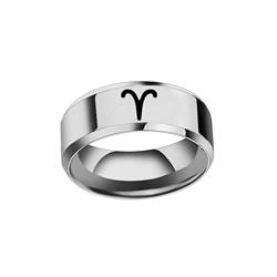 OAKKY Unisex Mode 12 Konstellation Sternzeichen Biker Ring Edelstahl Astrologie Abgeschrägte Kanten Geschenk Widder Silber Größe 65 (20.7) von OAKKY