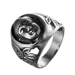 OAKKY Unisex Vintage Herrisch Tibetisch Buddhist Roter Edelstein Sakyamuni Buddha Kopf Biker Ring Edelstahl Hip Hop Stil Silber Größe 54 (17.2) von OAKKY