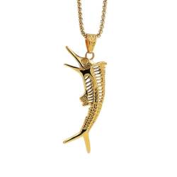OAKKY Unisex Vintage Persönlichkeit Ausgeschnitten Ozean Segel Fisch Thun Schädel Skelett Anhänger Amulett Halskette Edelstahl Gold mit Kette von OAKKY