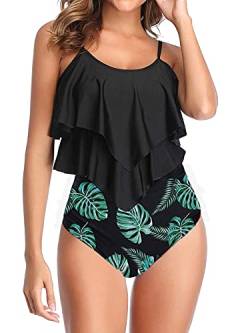 OAMENXI Damen Bikini Set Falbala Rüschen High Waist Bauchweg Bademode Zweiteiliger Badeanzug (TopblackLeaf, M) von OAMENXI